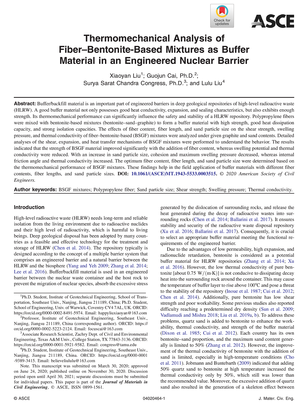 祝贺刘晓燕博士的英文论文在ASCE旗下的国际权威期刊Journal of Materials in Civil Engineering（JCR 2区, IF=2.169）发表！